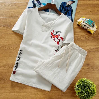 Ķīniešu Stila Vīriešu Izšūts Kokvilnas Komplekti Balts Melns Haki Tumši Zila Vasaras Elpojošs Vīriešiem Īsām piedurknēm T-krekls un Šorti