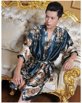 Ķīniešu Stila Vīriešu Peldmētelis Kimono Kleita Drukāt Ziedu Sleepwear Mīksto Naktsveļu Vaļīgas Drēbes Satīna Intīmas Apakšveļa Gadījuma Negligee