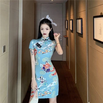 Ķīniešu Stilā Drukāt Slim Qipao Sieviešu Japāņu Ukiyo-e Haori Kāzu Kleitu Tradicionālā Retro Cheongsam Kluba Puses Bodycon Vestido