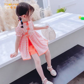 Ķīniešu kleita bērni Hanfu meitenes kleita oranžā kleitas meitene Bērnu kleita vintage zīda oficiālu izšuvumi jurk tiktok drēbes