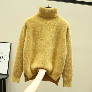 Šenila + imitācija ūdeļu kažokādu sabiezējumu silta, augsta kakla džemperis sieviešu Džemperis adīšanas garām piedurknēm gadījuma augšu